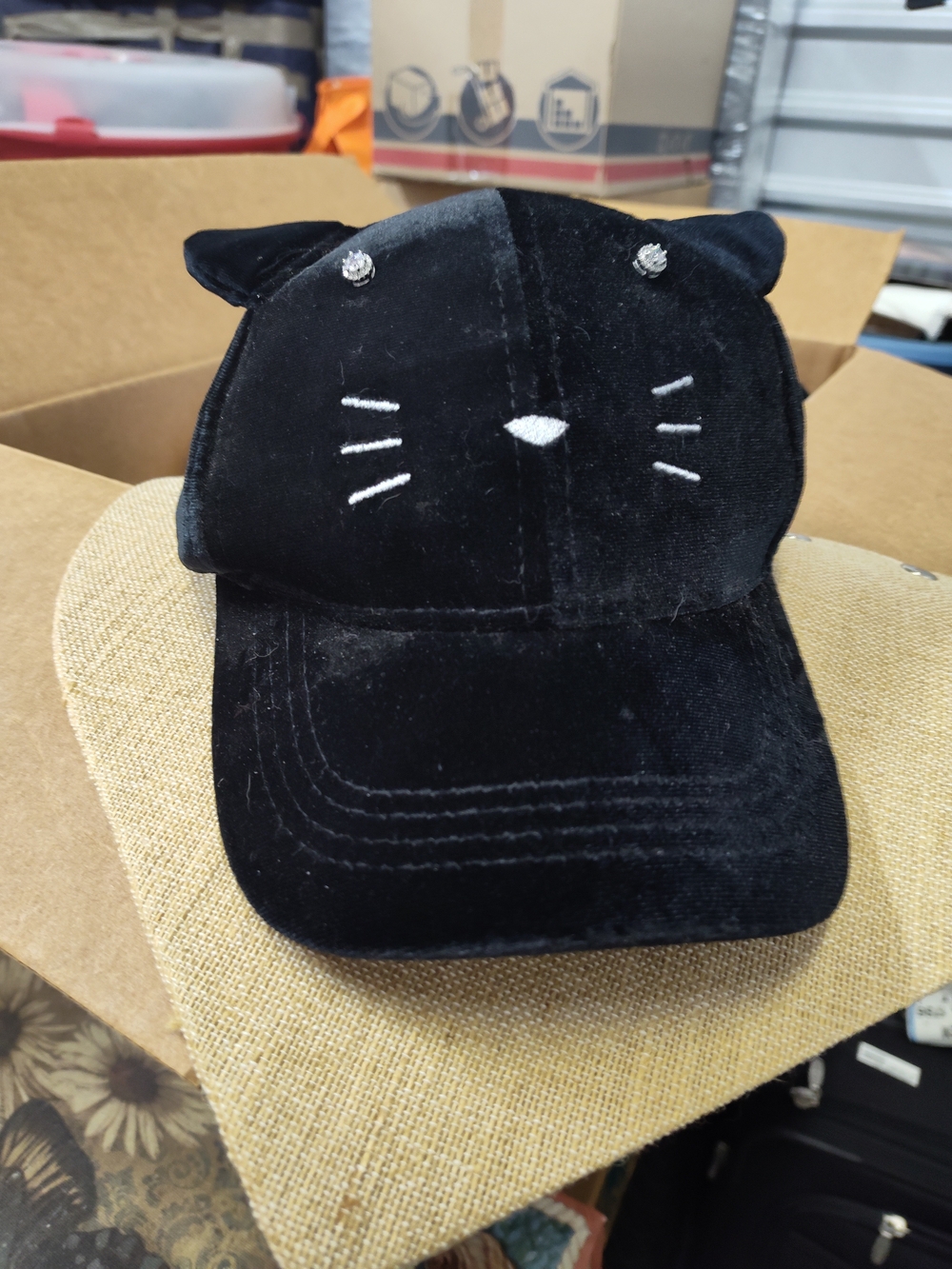 Black Velvet Cat Ear Cap with Crystal Accents